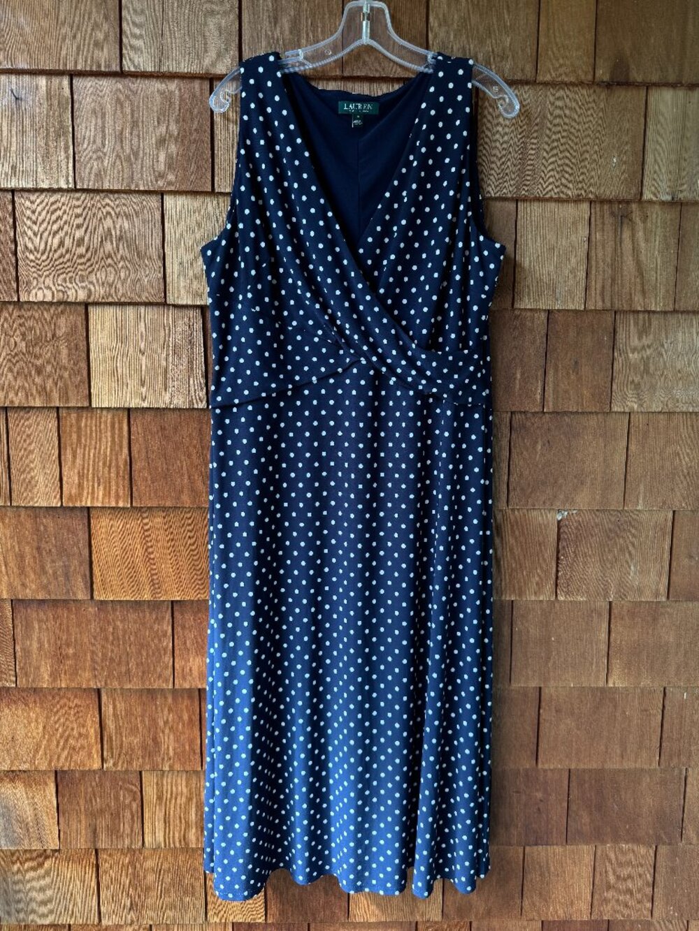 Ralph Lauren V-Neck Sleeveless Navy Blue Polka Dot Maxi Dress in Women's 18